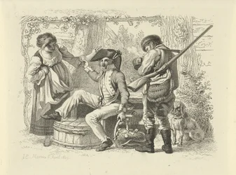 Soldat med hævet glas mellem en kvinde og en jæger Studietryk / Etudes gravées (serietitel)