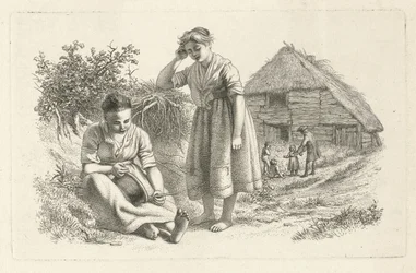 To kvinder og en mand med børn foran en lade Studietryk / Etudes gravées (serietitel)