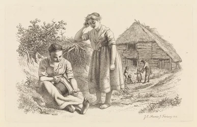 To kvinder og en mand med børn foran en lade Studietryk / Etudes gravées (serietitel)