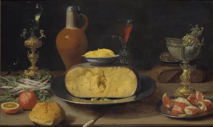 Morgenmadsstilleben med ost og bæger - Morgenmadsstilleben med ost og bæger, af Van Es, Jacob Foppens (ca 1596-1666). Olie på træ. Mål: 50x84 cm. Nationalmuseum Stockholm