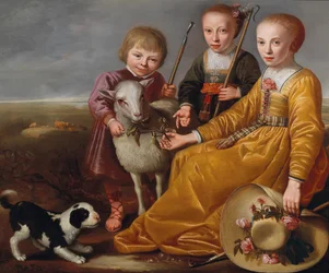 Tre børn med en ged og en vovse i et landskab, 1639.
