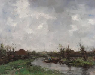 Et flodlandskab med bondegårde, slutningen af 1870