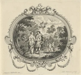 Vandrende par ledsaget af putti