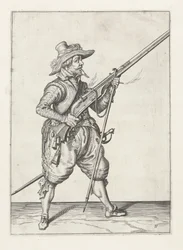 Musketer placerer sin furket nedenunder, ca. 1600