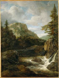Bjerglandskab med vandfald (maleri på lærred)
