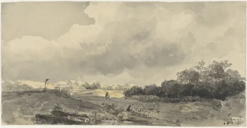Landskab med hyrde under tung overskyet himmel