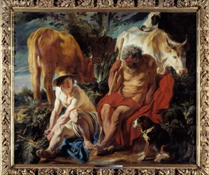 Merkur og Argus Merkur bliver anklaget af Zeus til at falde i søvn Argus, Ios vogter, forvandlet til en genisse af Hera. Maleri af Jacob Joardaens (1593-1678) 1625 søn. 2,02x2,41 m Lyon, Musee des Beaux Arts