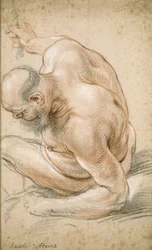 Nøgen gammel mand siddende, lænet på sin underarm, vendt mod venstre, ca. 1640