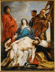 Pieta. Sankt Maria holder Kristi legeme på sine knæ.
knæ, Maria Magdalena trækker torne af Kristi pande
Maria Salome kysser hans hånd (maleri på lærred)