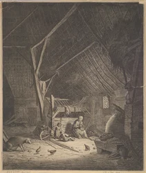 Interiør af en lade med mor og to børn, lige foran en grisekopi, 1600-tallet.