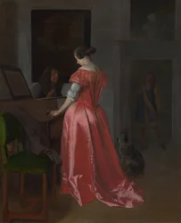En kvinde stående ved en cembalo, ca 1675