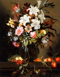 En buket blomster med frugt og to sandøgler på en stenafsats, 1647