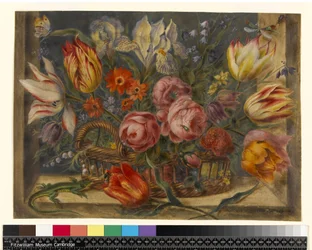 Blomsterstudie: diverse blomster i en kurv, med insekter og et firben i vinduer, 1634