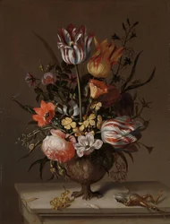 Stilleben med en vase med blomster og en død frø