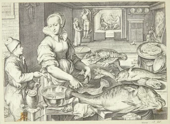 Køkkenscene med en køkkendame, der renser fisk