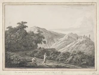 Udsigt nær møllen mod Licenza: Horaces Villa til venstre, 1783 (grå vask med pen og sort blæk på papir)
