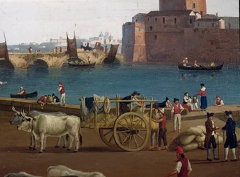 Udsigt over havnen i Taranto (Taranto) i Italien i det 18. århundrede Havnearbejdere i havnen losser godset, vogn trukket af okser - Maleri af Jacob Philipp Hackert dit Hackert d