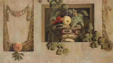 Stilleben med frugt- og blomsterguirlander