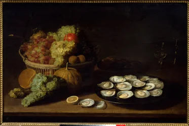 Stilleben, østers og frugt. Maleri af Jacob Fopsen Van Es (ca. 1596-1666) Ec. Flam.