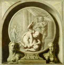 En dekorativ runddel med Odysseus, der kæmper mod tiggeren, og med Sphynxs