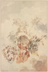 Genier og putti samlet omkring en kurv med blomster, der stiger mod himlen