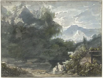 Badende ved et antikt monument i et bjergrigt landskab