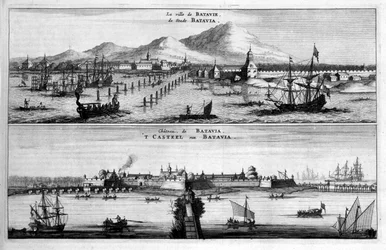 Udsigt over byen, havnen og slottet i Batavia - i "" Ambassade for Østkompagniet af De Forenede Provinser mod kejseren af Kina eller Grand Cam of Tartaria "" af Pierre de Goyer og Jacob de Keyser, Leiden