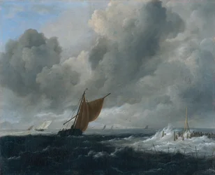 Hollandsk: Stormfuldt hav med sejlskibe Stormfuldt hav med sejlskibe
