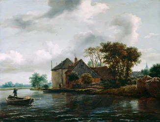 Gård og hayrick ved en flod