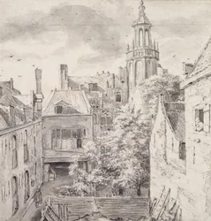 Udsigt over gården til House of the Archers of the St. Sebastian Guild på Singel i Amsterdam (blyant og vask på papir)