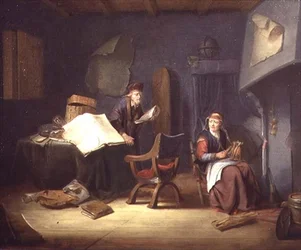 Interiør med en lærd og en gammel dame, der spinder (panel)