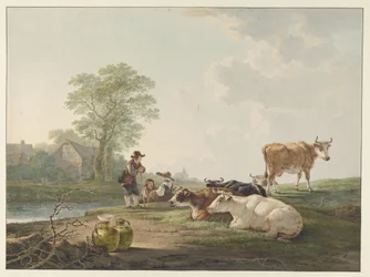 Landfolk ved hvilende kvæg i et hollandsk landskab