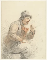 Siddende, piberygende landmand