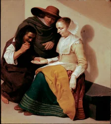 Spåkonen Maleri af Jacob Van Velsen (efter 1625-c. 1656) 1631 Søn. 26x23 cm Paris, musee du Louvre - Spåkonen, af Jacob Van Velsen (efter 1625-c.1656). Olie på kobber, 26 x 23 cm