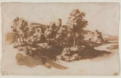 Landskab med befæstning mellem Marino og Frascati, ca. 1650.