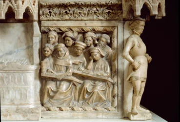 Begravelsesmonument for Carlo, Roberto og Riccardo da Saliceto: studerende, der deltager i et kursus (skulptur, ca. 1403)