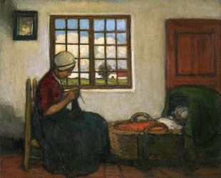 Interiør med vugge (olie på lærred)