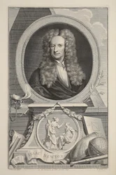 Portræt af Isaac Newton, illustration fra "Heads of Illustrious Persons of Great Britain", udgivet af Knapton, London 1742