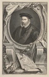 Portræt af Nicholas Bacon, illustration fra "Heads of Illustrious Persons of Great Britain", udgivet af Knapton, London 1742