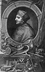 Portræt af Thomas Wolsey (1478-1530), engelsk kardinal og statsmand, gravering af Jacobus Houbraken (1698-1780)