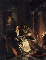 ""Le Rendez vous"" (Rendezvous) Forførelsesscene, en ung pige, der bejleres af en herre, der erklærer sin kærlighed til hende ved pejsen. Maleri af Jacob Joseph Eckhout (1793-1861) 1852 Statens kunstmuseum i Den Hviderussiske Republik, Minsk, Hviderusland