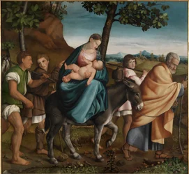 Flugten ind i Egypten - Maleri af Jacopo Bassano (eller da Ponte) Il Vecchio (den ældre) (1510-1592), olie på træ