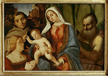 Sacra Conversazione: Madonna med barn, Sankt Antonius, Sankt Hieronymus og donor ... (maleri på lærred)