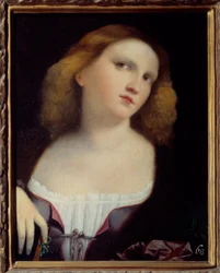 Portræt af kvindemaleri på træ transponeret på lærred af Jacopo Palma il Vecchio (1480-1528) 1513 Dim. 0,48 x 0,38 m Lyon, Musee des Beaux Arts