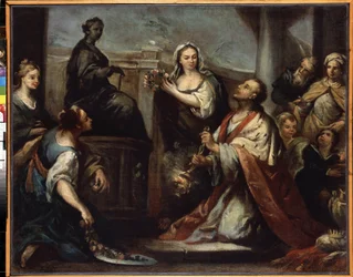 ""Kong Salomon leder i afgudsdyrkelse"" (Kong Salomos afgudsdyrkelse) Salomon forlader sig selv i kærlighed til kvinder og afguder. Maleri af Jacopo Amigoni (1675-1752) omkring 1739 Hermitage Museum, Sankt Petersborg