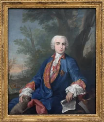 Soprankastraten Carlo Broschi, kaldet Farinelli (1705-1782). Sangeren bærer Calatravaordenens medalje; på noden, som han holder i hånden, findes nogle takter fra operaen Zenobia af Gaetano Latilia.