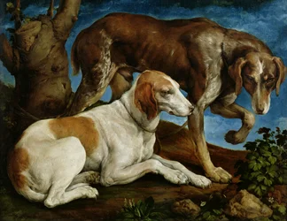 To jagthunde bundet til en træstub, ca. 1548-50