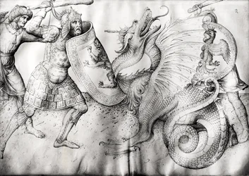 Kamp mellem krigere og en drage, ca. 1450 (blæk på pergament)