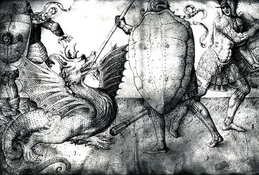 Krigere, der kæmper mod en drage, ca. 1450 (blæk på vellum)