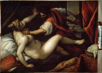 Tarquinius og Lucretia (Tarquinius og Lucretia). Sextus Tarquinius voldtager Lucretia, en begivenhed, der angiveligt førte til monarkiets fald og republikkens begyndelse i det antikke Rom i 509 f.Kr. Maleri af Jacopo Palma il Giovane (den Yngre)